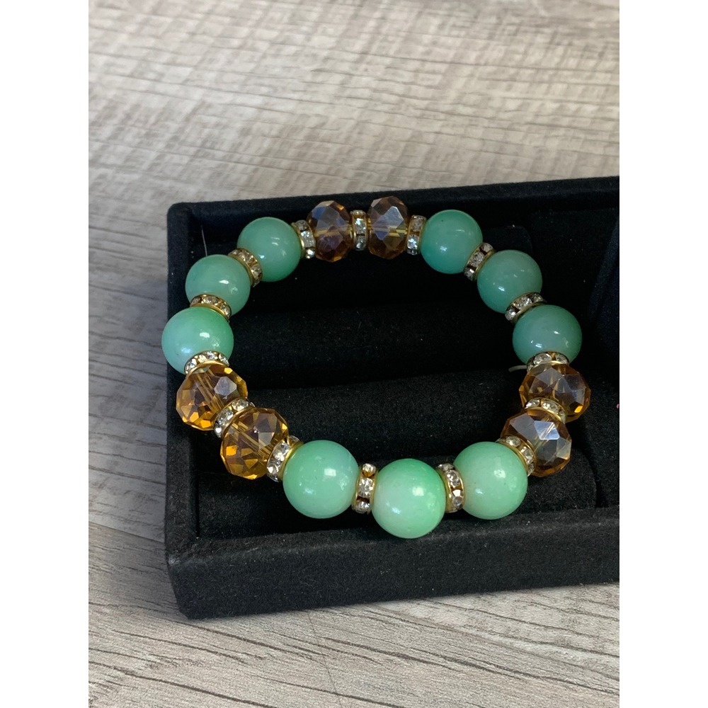 Mint Green and Amber Beaded Stretch Bracelet with Rhinestone Spacers 4520 - Picture 3 of 6